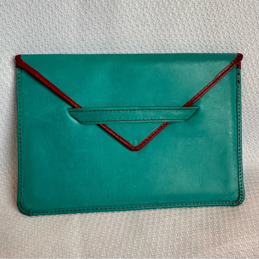 Tusk Teal and Red Leather Envelope Clutch Wallet